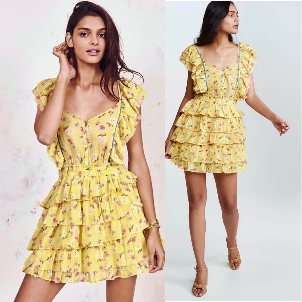 LOVESHACKFANCY Floral Cotton Sweetheart Neck‎ Ruffled Fairycore Coquette Dress M
